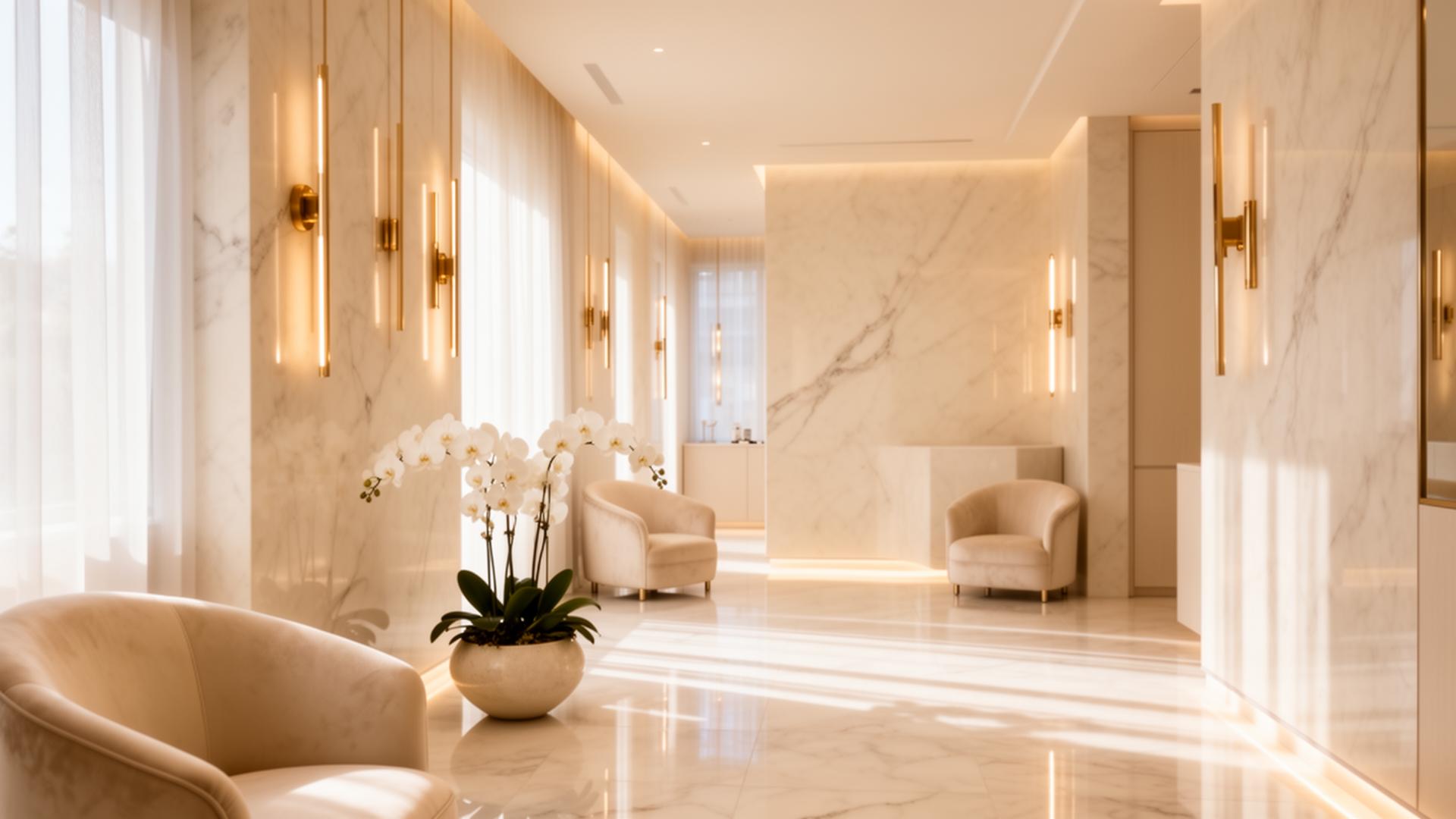 Luxurious medspa interior with ivory marble and champagne gold accents